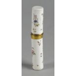 An English cylindrical enamel bodkin case, 18th century, decorated with sprays of flowers,