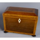 A rosewood and tulipwood banded tea caddy, 19th century, of sarcophagus form,