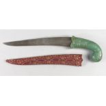 A Mughal style green jade knife, late 20th/early 21st century, carved in low relief with flowers,