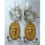 A pair of Continental gilded metal twin light wall appliques, probably French, 20th century,