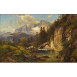 Adalbert Waagen, German 1833-1898- Alpine river landscape with woodland; oil on canvas,