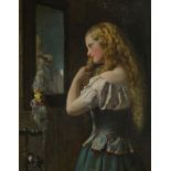 Francis John Wyburd, British 1826-1893- Girl brushing her hair at a mirror; oil on canvas,