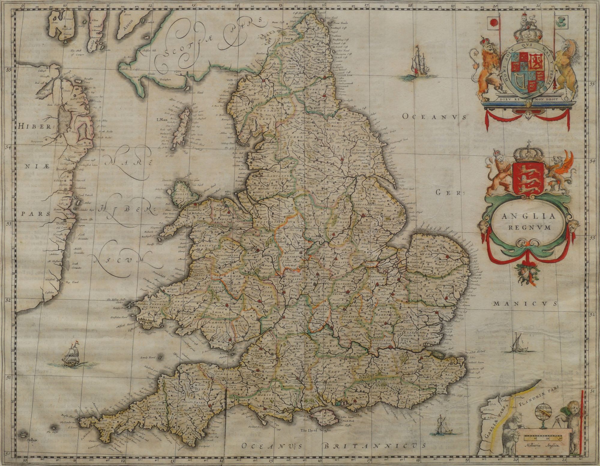 Willem Janszoon Blaeu, Dutch 1571-1638- "Anglia Regnum" map of England and Wales,