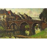 Herman Johannes Ansingh, Dutch 1880-1957- Dutch canal scene with figure on a bridge; oil on canvas,