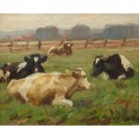 Arnold Moeller, German 1886-1963- Cattle resting in a paddock; oil on canvas, signed, 33x42cm.