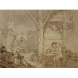 Attributed to Thomas Rowlandson, British 1756-1827- Interior of a farm kitchen; pen, ink and wash,