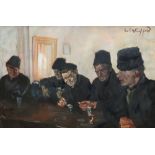 Erich Wolfsfeld, German 1884-1956- Group portrait of five men seated at a table ; oil on paper,