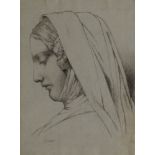 Attributed to Leon Cogniet, French 1794-1880- Female head in profile; black chalk on blue-grey buff,