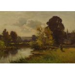 Ernest Parton RI, British 1845-1933- River landscape with woodland beyond, signed,