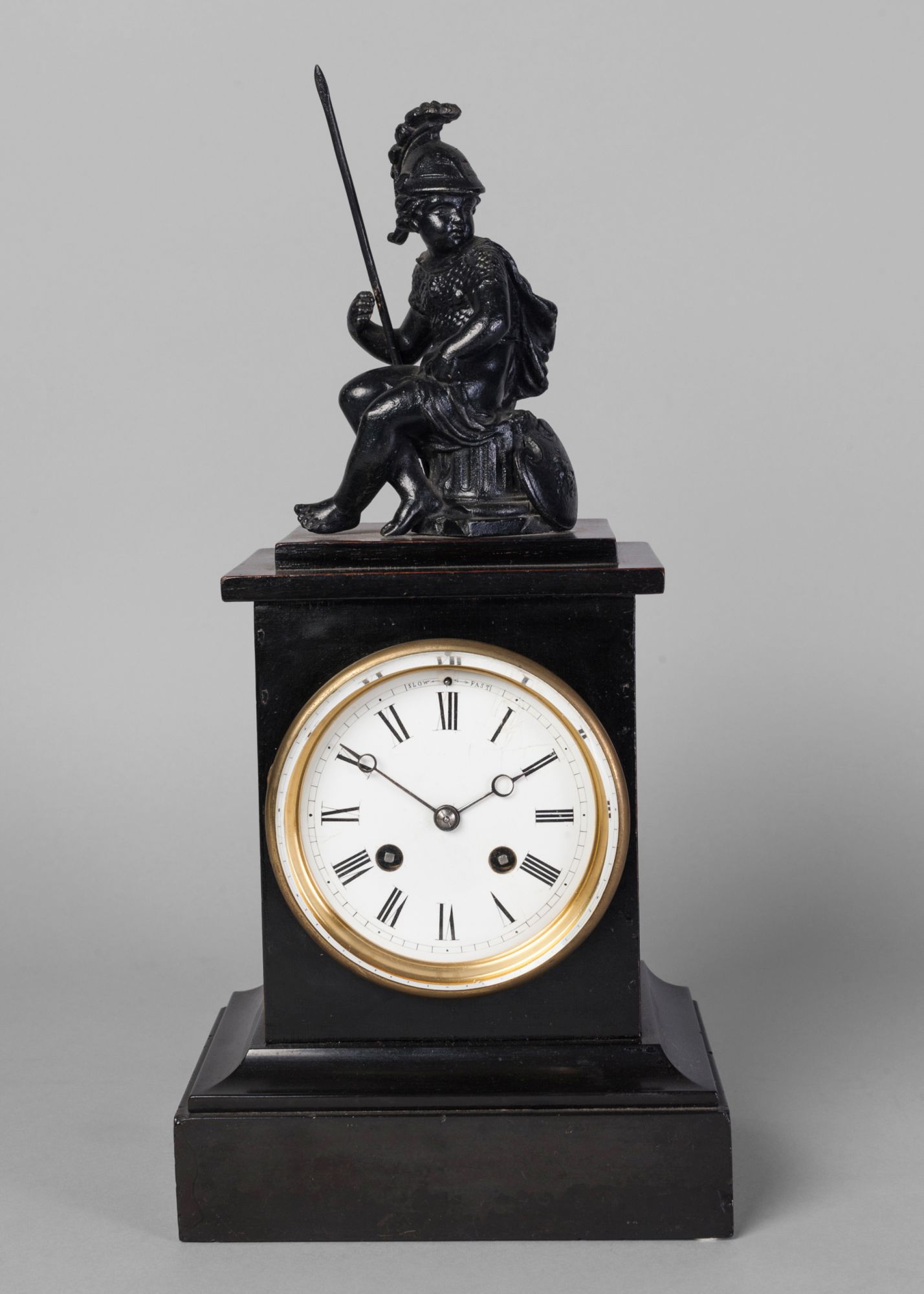 A French ebonised wood and marble mantel clock, 19th century,