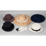 Five ladies hats, to include a cream brimmed hat with black ribbon, by Paulette, for Harrods,