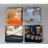 A Hermes silk scarf, 'The Royal Mews' cream and navy blue colourway, boxed,
