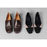 A pair of Hermes tri-colour suede flat court shoes, size 40, boxed,