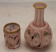 Bohemian pink flashed and floral enamelled carafe and beaker en-suite