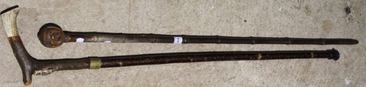 Two carved handled walking sticks