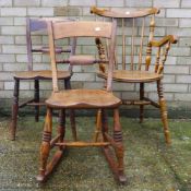 Three 19th century elm seated chairs including a rocking chair