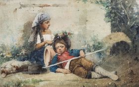 CONTINENTAL SCHOOL (19th century) Children at Rest Watercolour Indistinctly signed 24 x 15 cm,