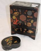 A Japanese lacquered jewellery box etc