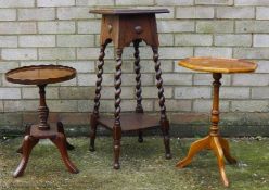 A barley twist oak plant stand and two side tables