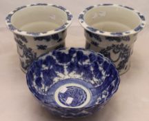 Two blue and white jardinieres and a Japanese blue and white bowl