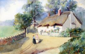 M BAILEY (19th/20th century) British Figures Before Rural Cottages Watercolours Signed 27 x 18 cm,