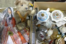 Two boxes of miscellaneous china, dolls, a Steiff bear,