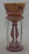 A Victorian pink ground Bohemian glass lustre