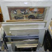 A black painted trunk containing various prints and various sporting photographs etc