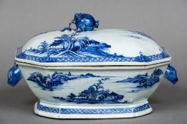 An 18th century Chinese Export blue and white tureen and cover The main body with twin mask handles