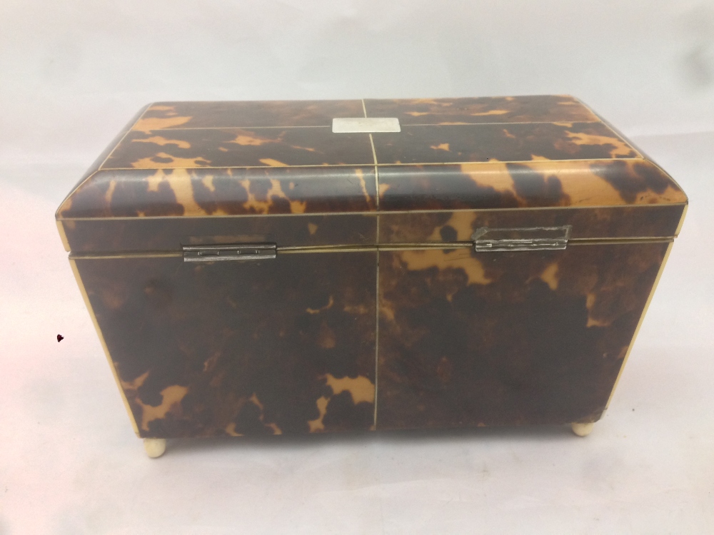 A 19th century tortoiseshell tea caddy The domed hinged rectangular top including two lidded - Image 4 of 8