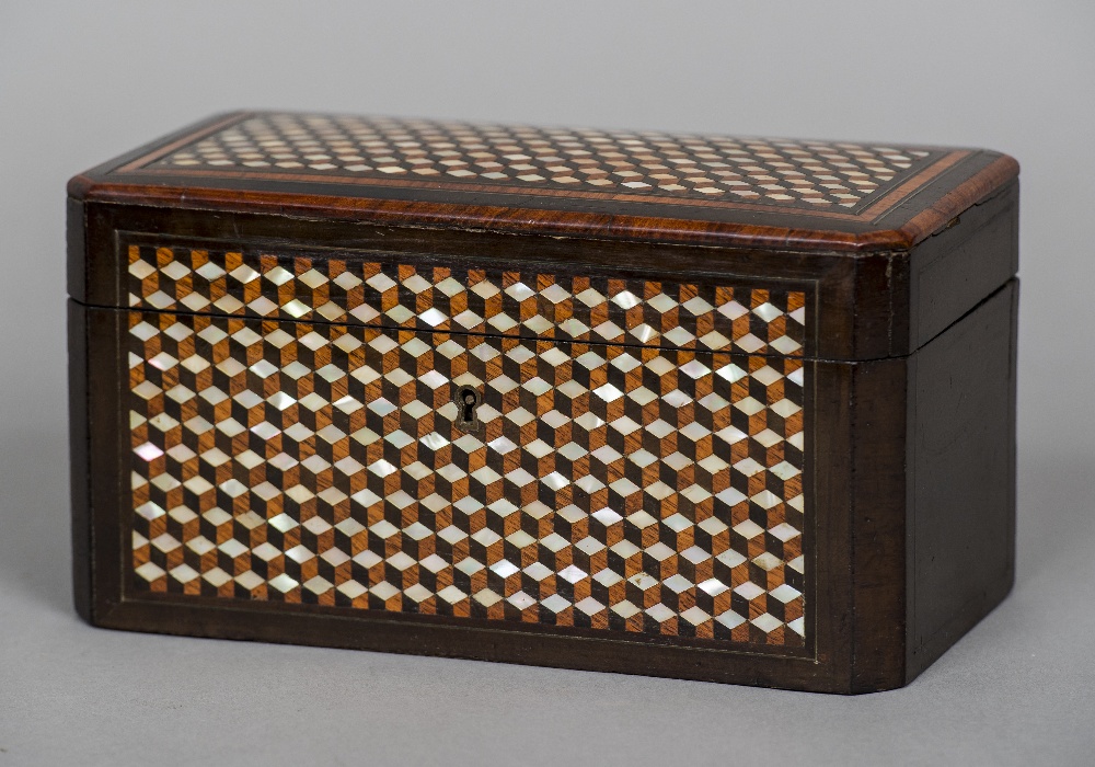 A 19th century French mother-of-pearl inlaid tea caddy Of canted rectangular form,