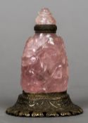 A bronze mounted Chinese rose quartz snuff bottle Decorated in the round with birds amongst foliage.