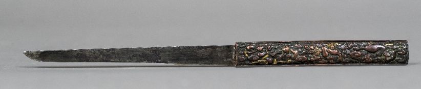 A Japanese copper and brass handled knife Decorated with mythical beasts, signed Aikuchi. 21.