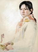 ZHU TONG (20th century) Anglo-Chinese A Girl in Neighbourhood Watercolour Signed with calligraphic