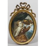 A 19th century portrait miniature on ivory Depicting a bejewelled young lady holding aloft a bowl