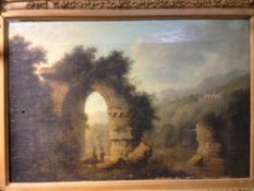 CONTINENTAL SCHOOL (18th century) Figures by a Ruin in a Romantic Italiante Landscape Oil on