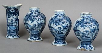 Three 19th century Delft blue and white vases Each of bulbous rounded octagonal form decorated with