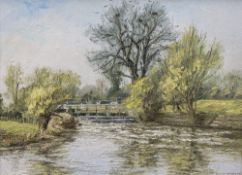 *AR BRIAN BENNETT (born 1927) British River Landscape Oil on board Signed 39 x 28.