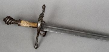 A 16th century German hand-and-a-half sword The channelled blade with Passau running wolf mark,