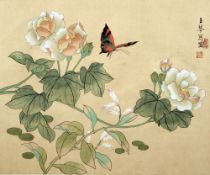 A Chinese watercolour and bodycolour on silk Worked with a butterfly amongst blooms,