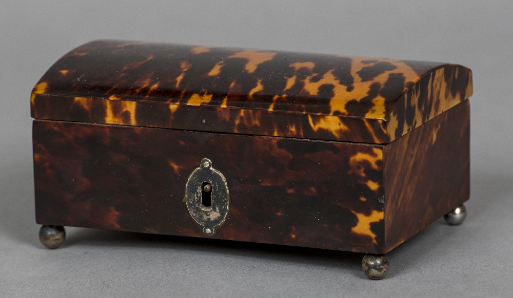 A George III unmarked silver mounted tortoiseshell casket Of hinged domed form,