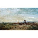 Circle of JOHN CONSTABLE (1776-1837) British Figures Before a Windmill in a Rural Landscape Oil on