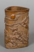 A Chinese bamboo brush pot Of rounded triangular form,