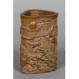 A Chinese bamboo brush pot Of rounded triangular form,