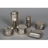 A set of six French silver dressing table containers,