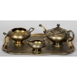 A French silver gilt three piece tea set and tray, with 950 Minerva's Head Fineness mark,