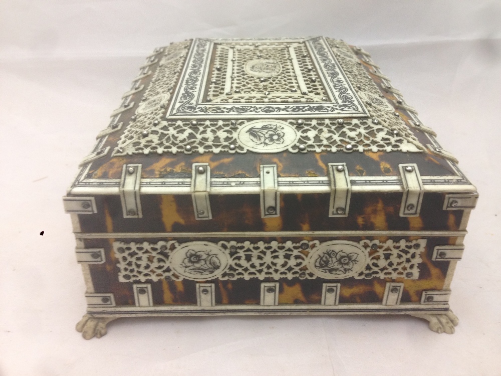 A 19th century Anglo-Indian bone mounted tortoiseshell casket The mounted panels intricately worked - Image 3 of 8