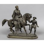 A 19th century bronze Modelled as a courtly gentleman astride his mount with a young grooms man,