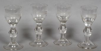 A set of four 19th/20th century wine glasses Each with fox engraved bowl and inscribed Meynell,