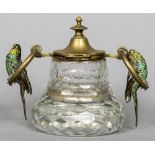 A facet cut glass inkwell Mounted with a hinged lid and two loop handles,